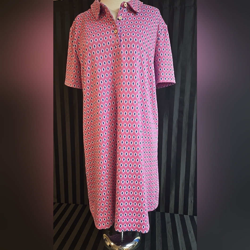 Tyler Boe Size Large Polo Style Collared Short Sleeve Shirt Dress Diamond Print